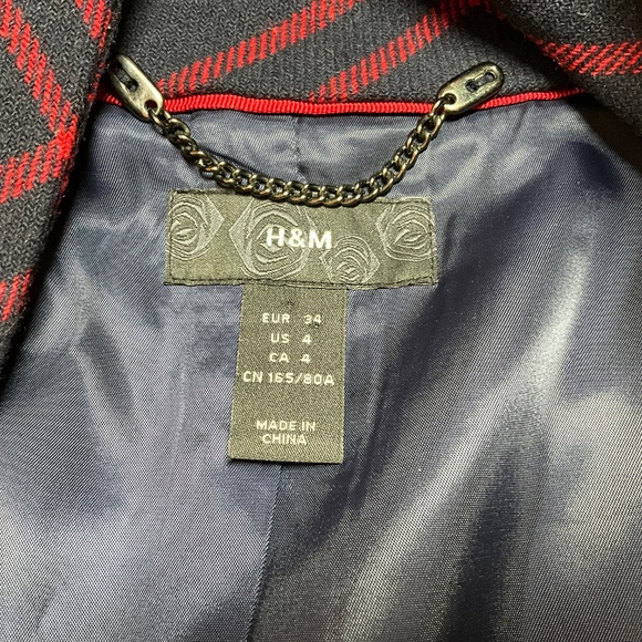 H&M Wool Blend Plaid Navy and Red Funnel Neck Blazer Snap Closure Belt Loops 4 - Picture 4 of 11